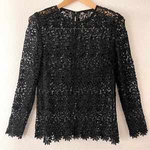 Vintage 80’s Saks 5th Ave Sheer Lace Long Sleeve Button-Back Blouse Black